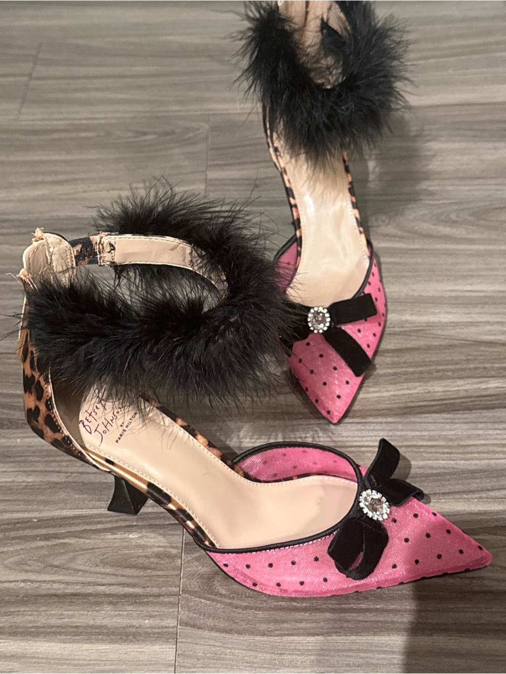 Betsey Johnson Pink and Black Pointed Toe Heels with Faux-Fur Ankle Strap